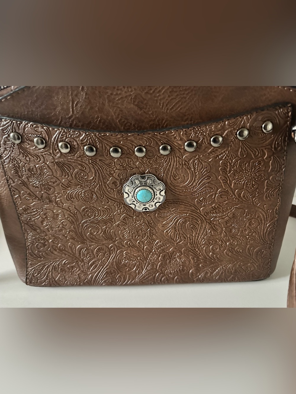 Brown Embossed Crossbody Bag with Turquoise Accent - Picture 4 of 5